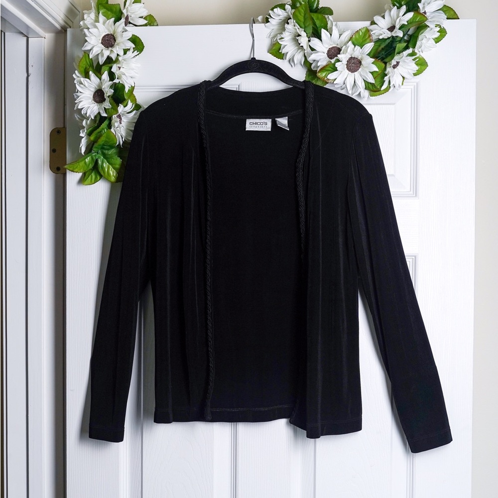 Chico's Travelers Black Open Front Cardigan Sweater Long Sleeves Braided Detail